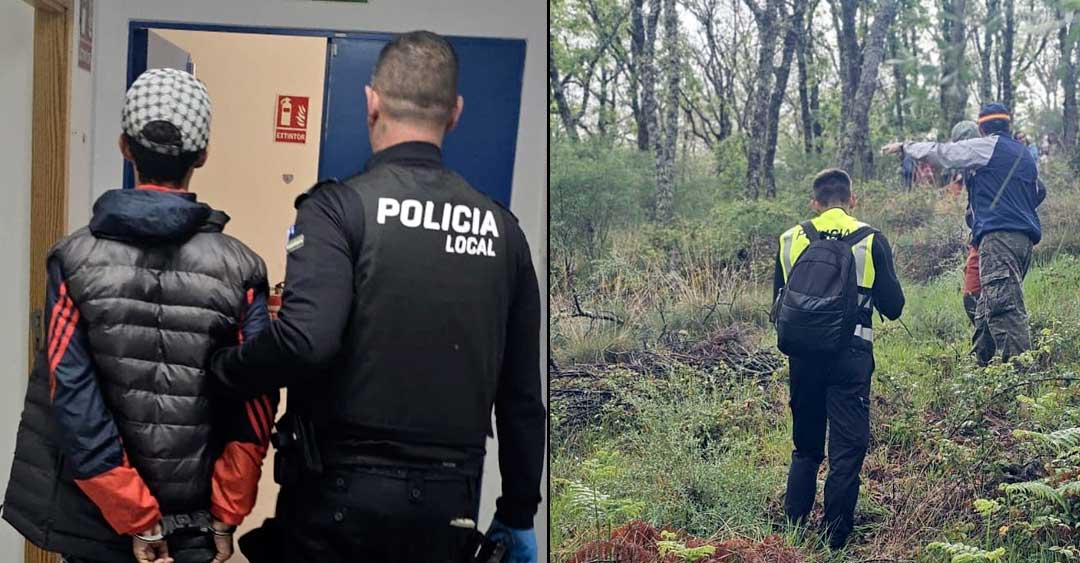 Montaje de imágenes de la Policía Local de Navalmoral con un detenido trasladado en dependencias policiales y agentes participando en la búsqueda de un desaparecido en Jarandilla de la Vera