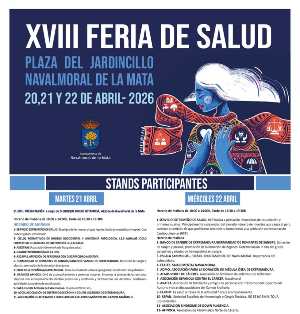 Cartel con los stands participantes en la Feria de la Salud 2026 de Navalmoral de la Mata, 1 de dos