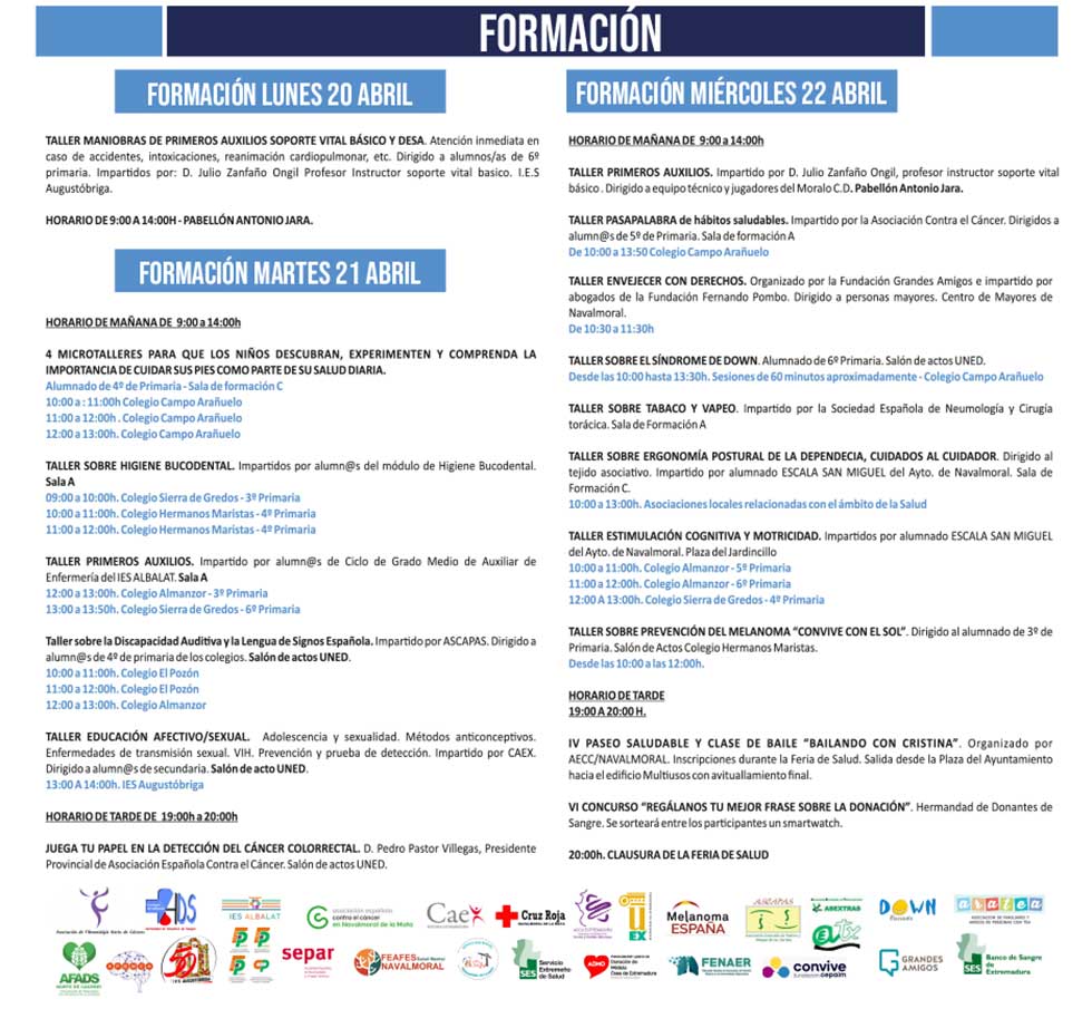 Cartel con los stands participantes en la Feria de la Salud 2026 de Navalmoral de la Mata, 2 de dos