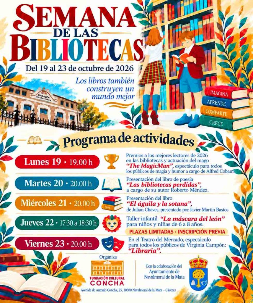 Cartel de la Semana de las Bibliotecas 2026 de la Fundación Cultural Concha en Navalmoral de la Mata